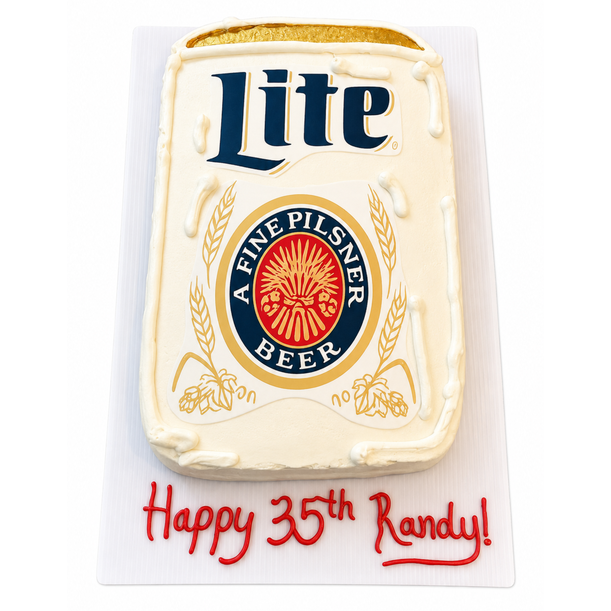 Cake with 'Lite' beer logo and red icing message celebrating 35th birthday.