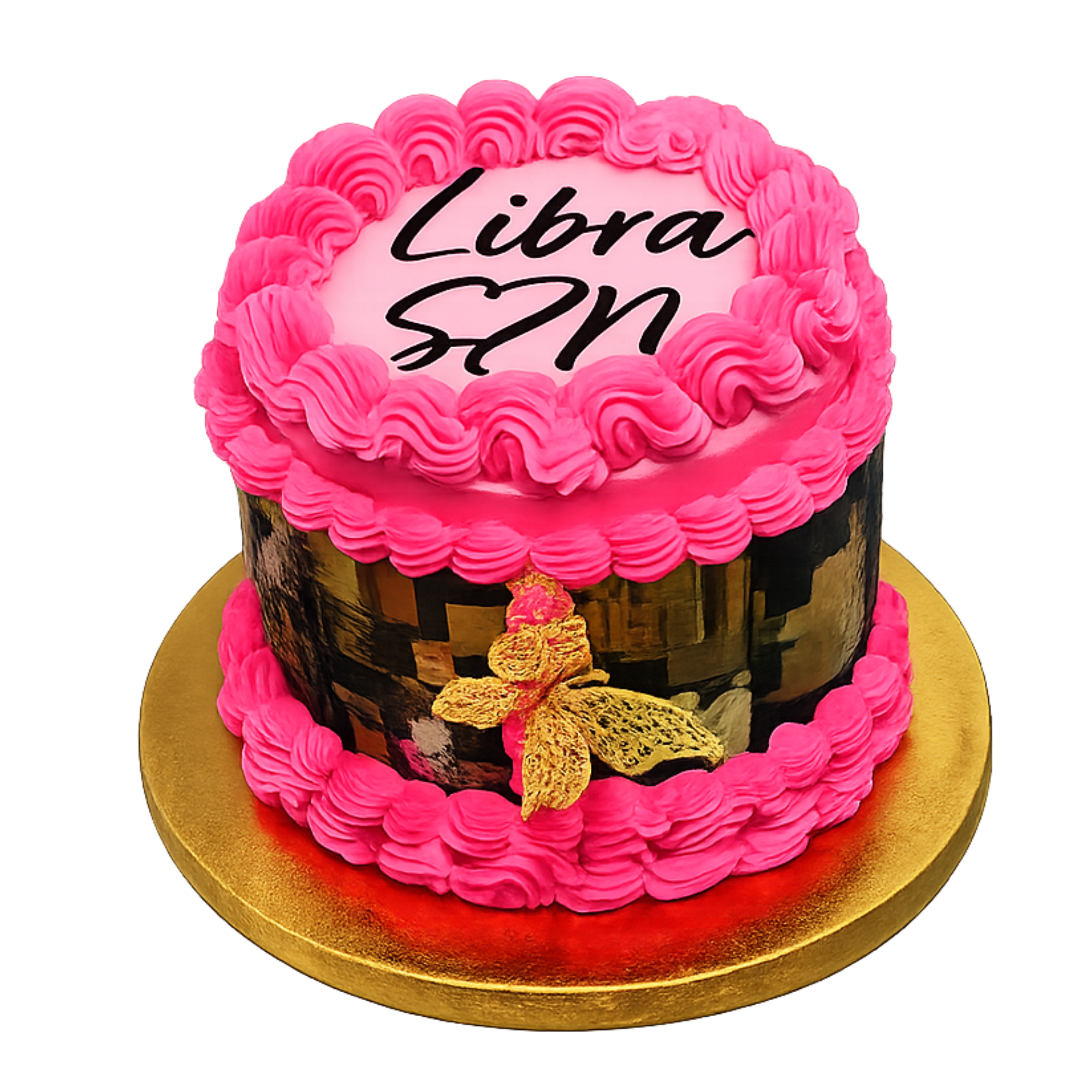 Pink frosted cake with black writing that says "Libra" and a heart, decorated with pink piping and gold leaf, on a gold cake board.