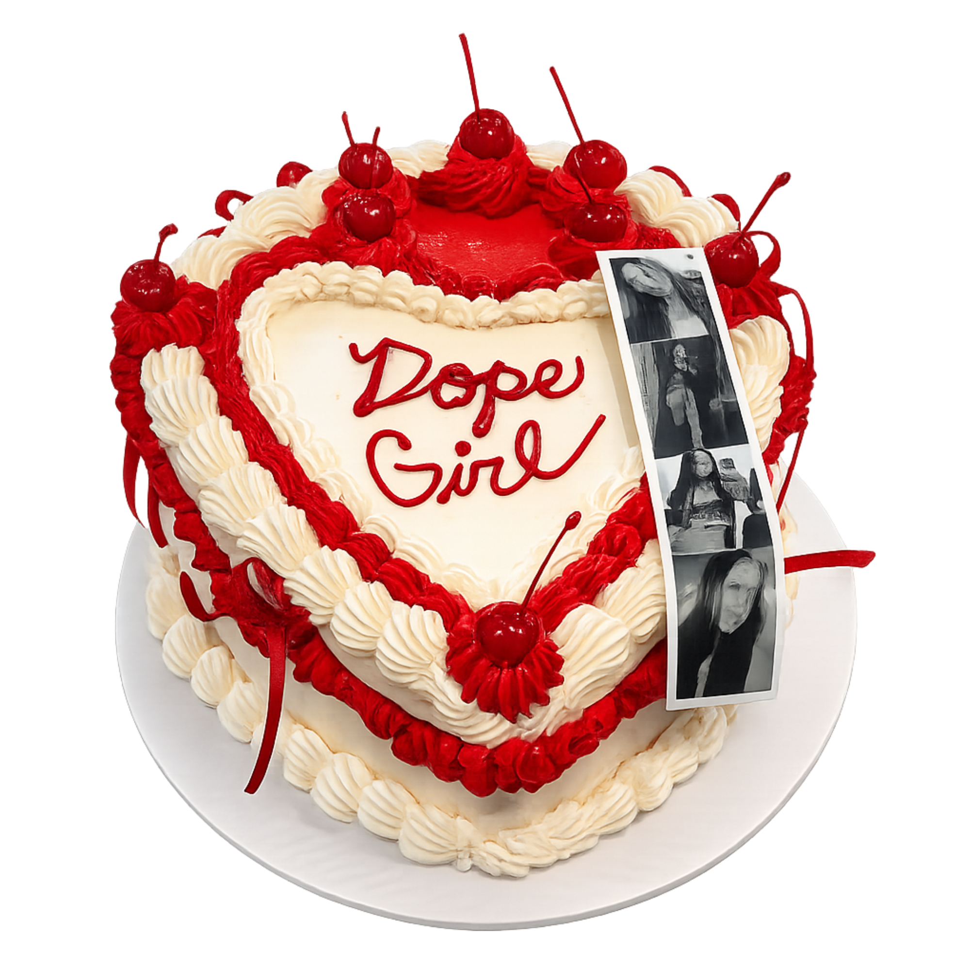 Heart-shaped birthday cake decorated with white and red frosting, topped with cherries, a black-and-white photo strip, and a message reading 'Hope Girl'.