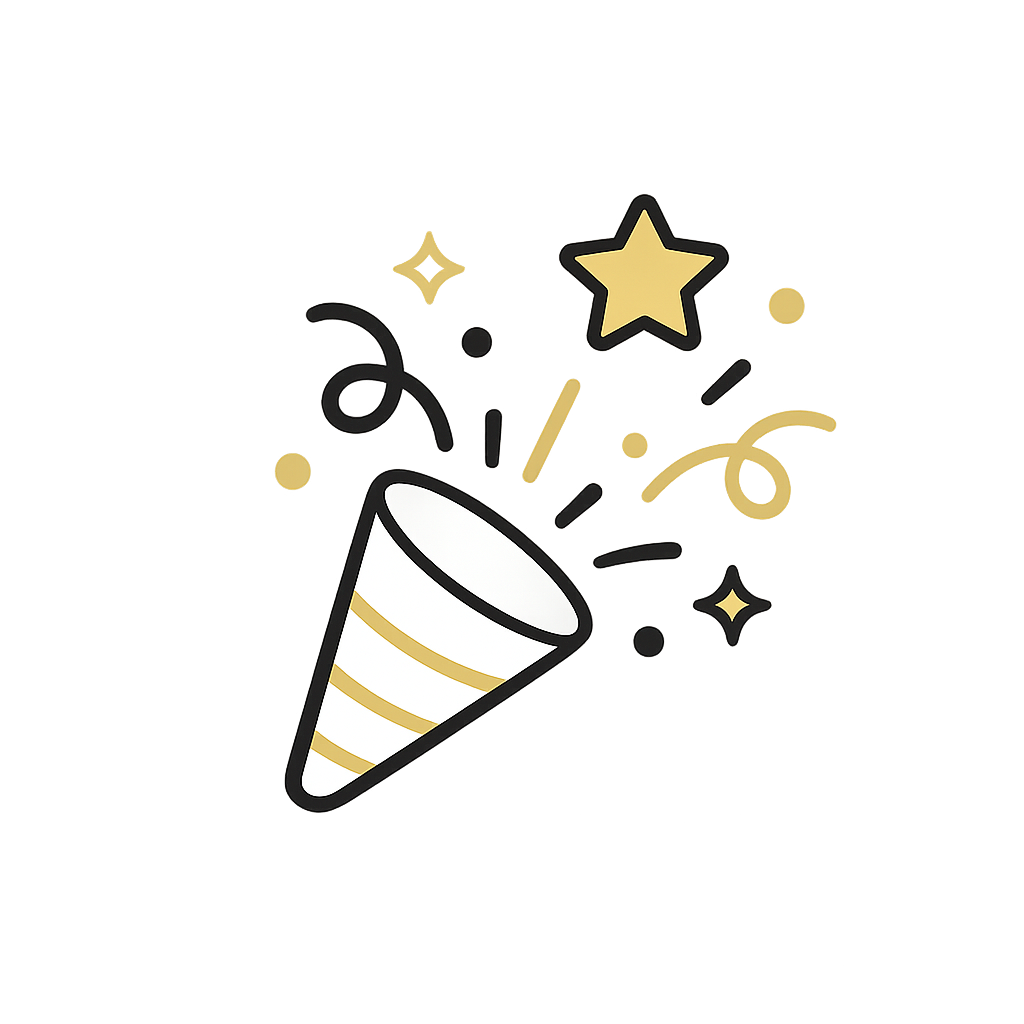 Illustration of a party popper releasing gold and black confetti, stars, and sparkles.