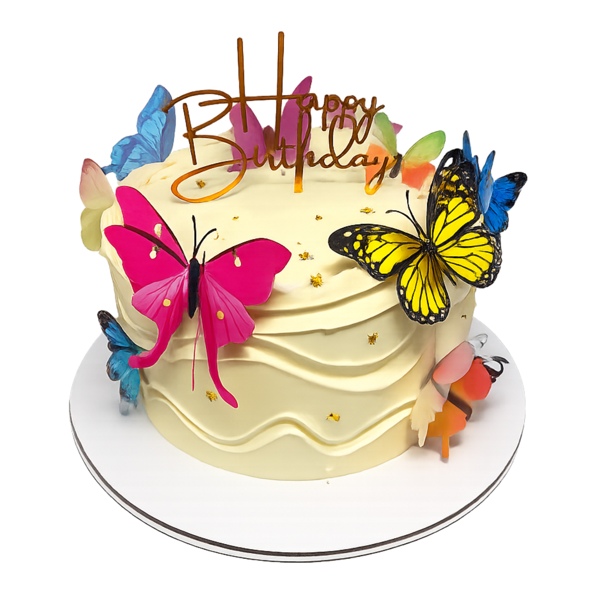 Cake decorated with colorful butterfly and flower motifs, with a "Happy Birthday" topper.