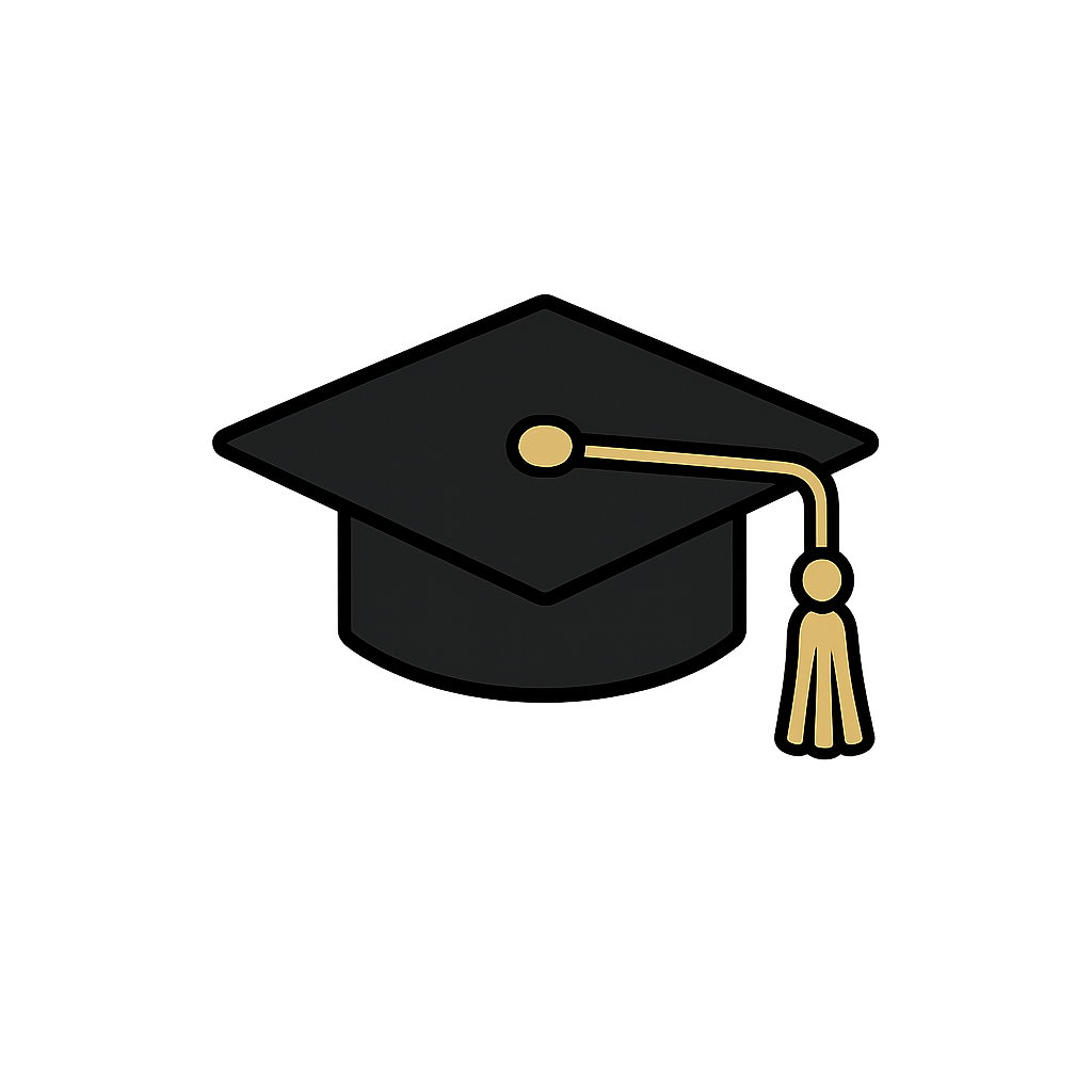 An illustration of a black graduation cap with a gold tassel hanging from the top.