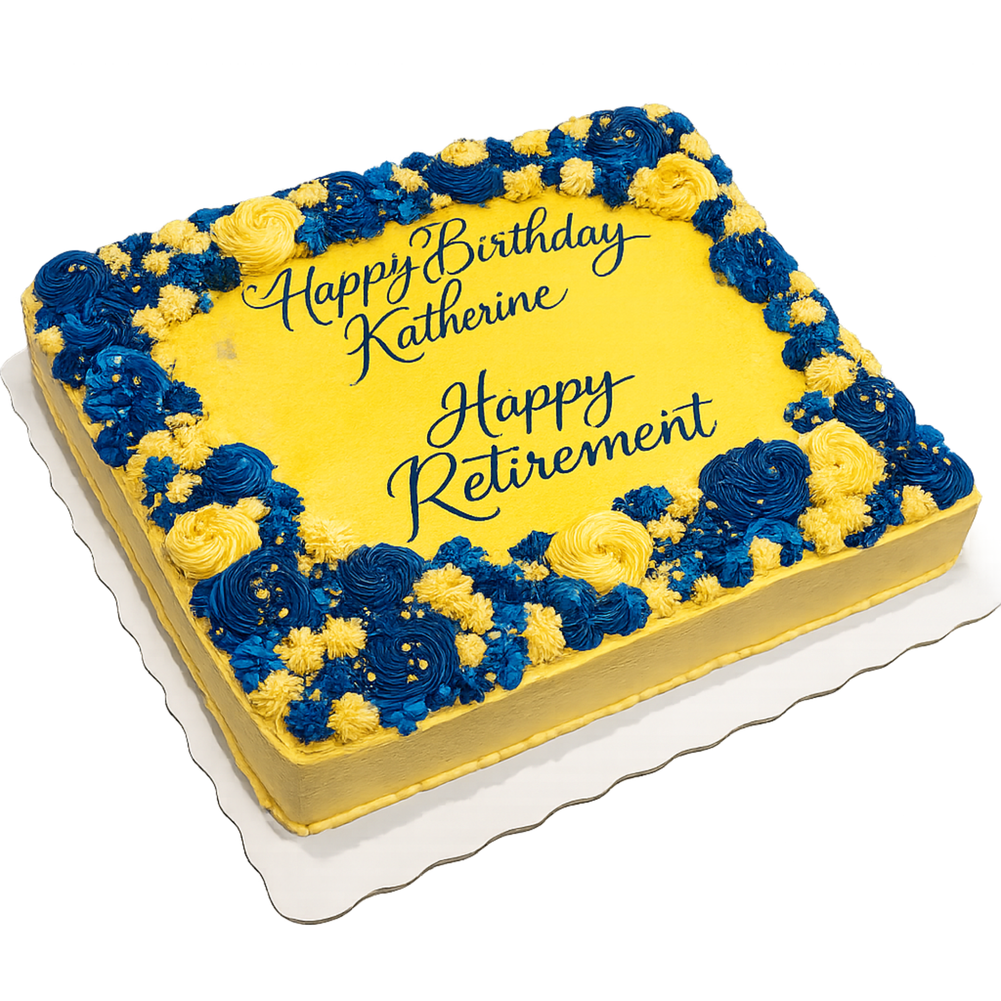 A rectangular birthday cake decorated with yellow and blue frosting, with the message 'Happy Birthday Katherine' written on top.