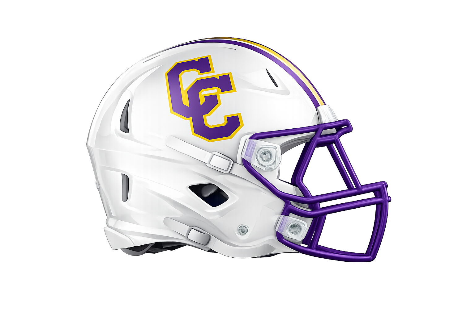 White football helmet with purple faceguard and gold and purple logo on the side.