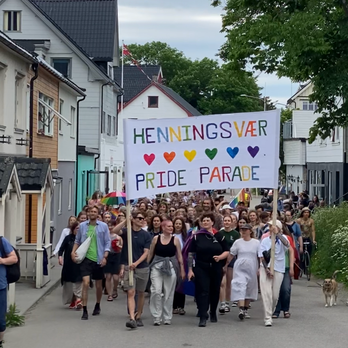 Fargerik parade med mange mennesker som bærer en stor banner med teksten "HENNINGSVÆR PRIDE PARADE" og fargede hjerter, i en gate med hus og trær.