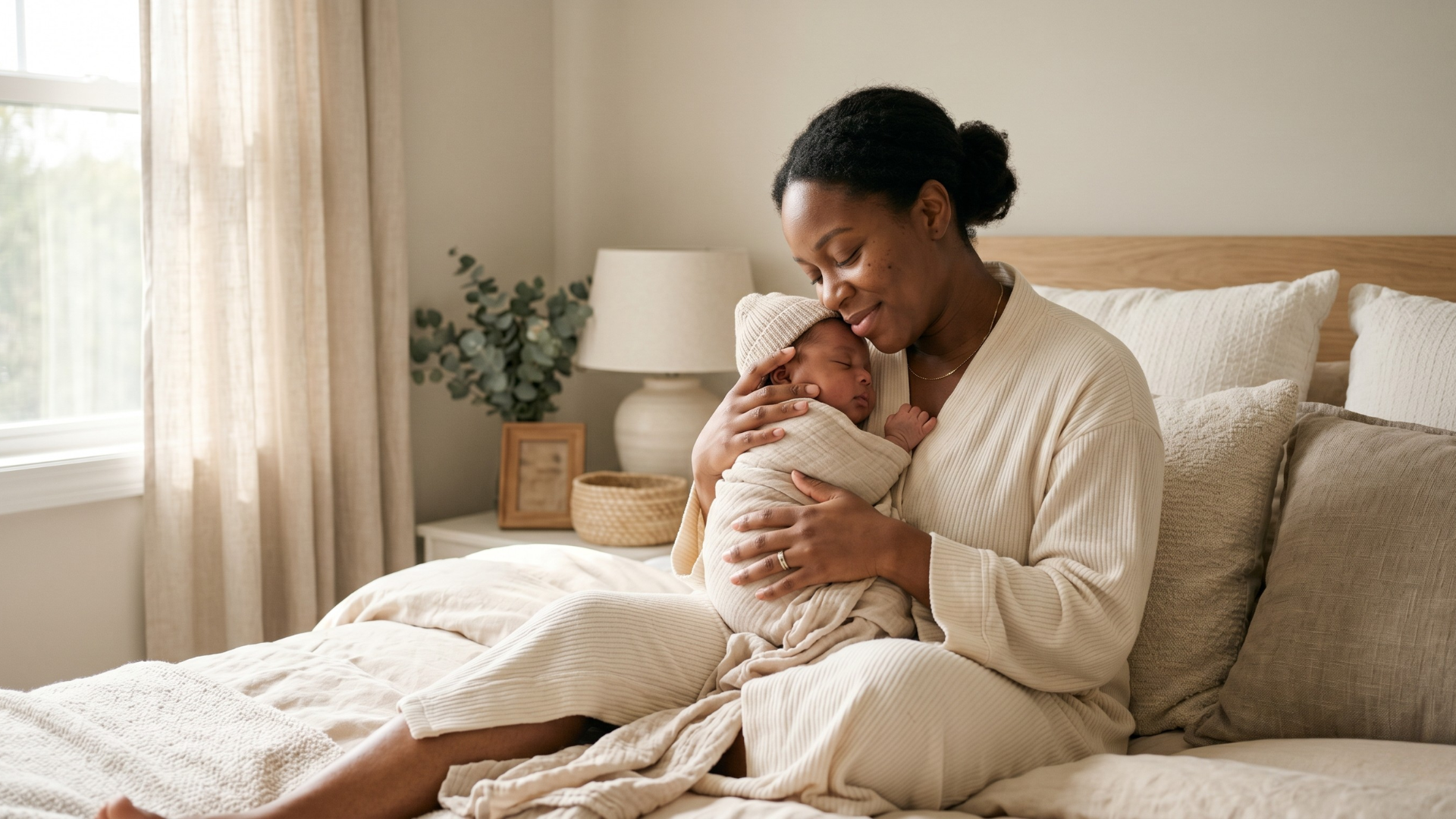 A woman holding a newborn baby on a bed in a softly lit bedroom