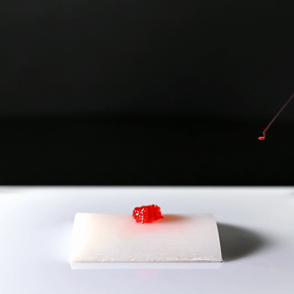 Close-up of a small red object, possibly a jelly or gel, placed on a white surface with a blurred black background. A thin wire or needle is approaching from the right side.
