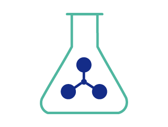 Line drawing of a chemical experiment with a conical flask containing a molecular structure inside.