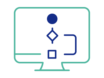 Line drawing of a computer monitor displaying flowchart symbols.