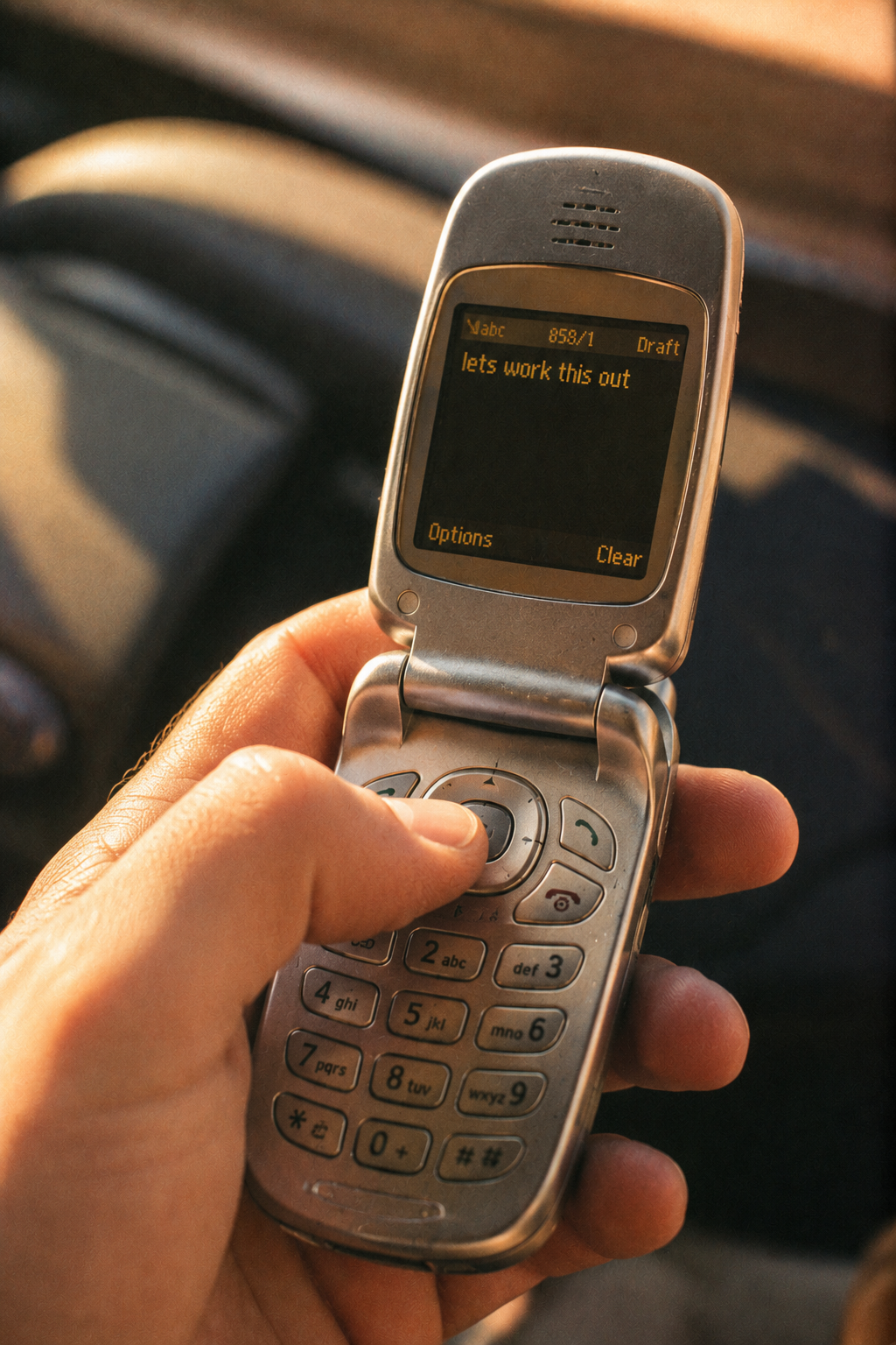 A flip phone being held in someone's hand with a message on the screen that says 'lets work this out'.
