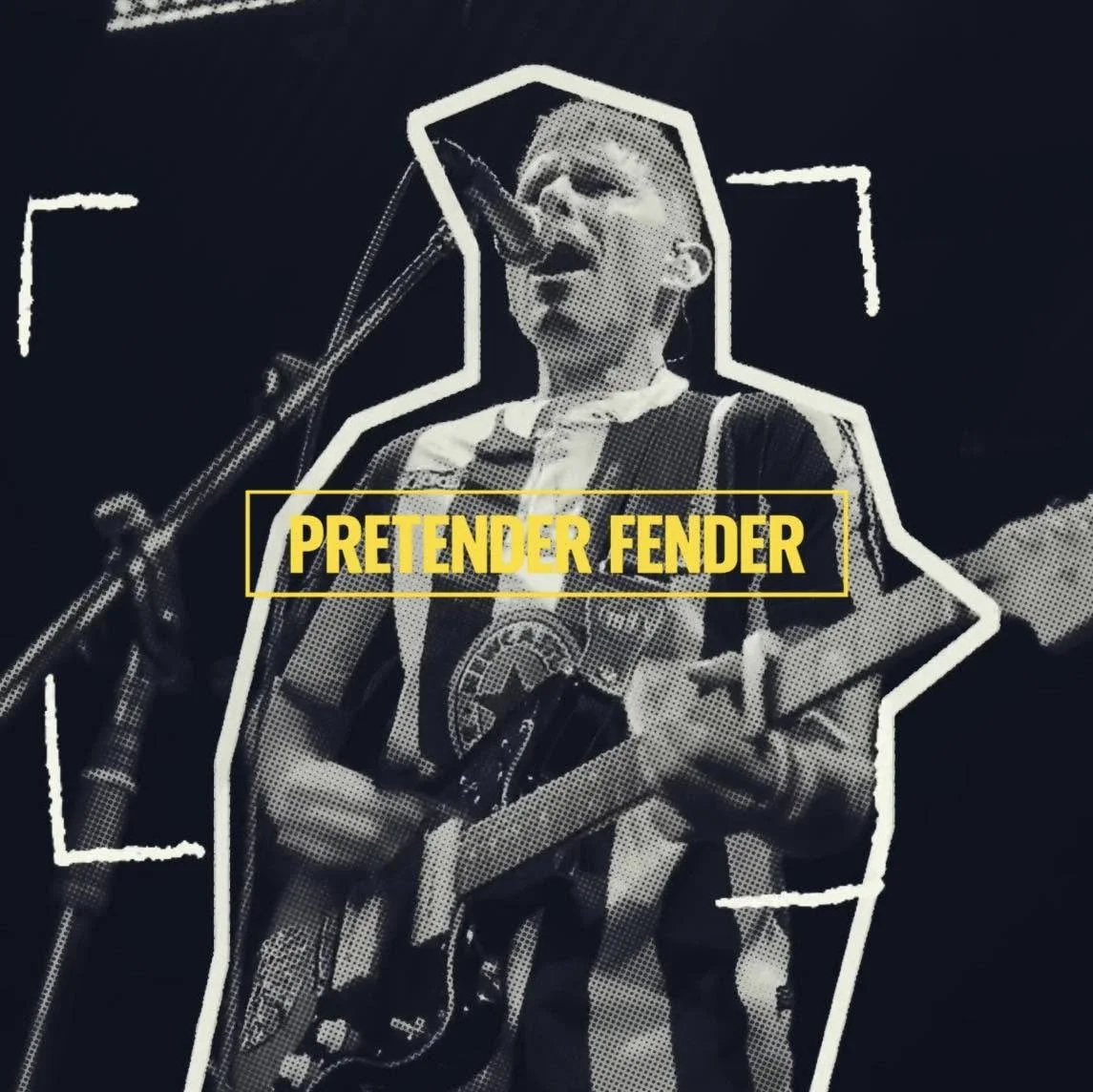 A person singing into a microphone on stage, holding a guitar, with a digital effect and a yellow label that says 'Pretender Fender'.