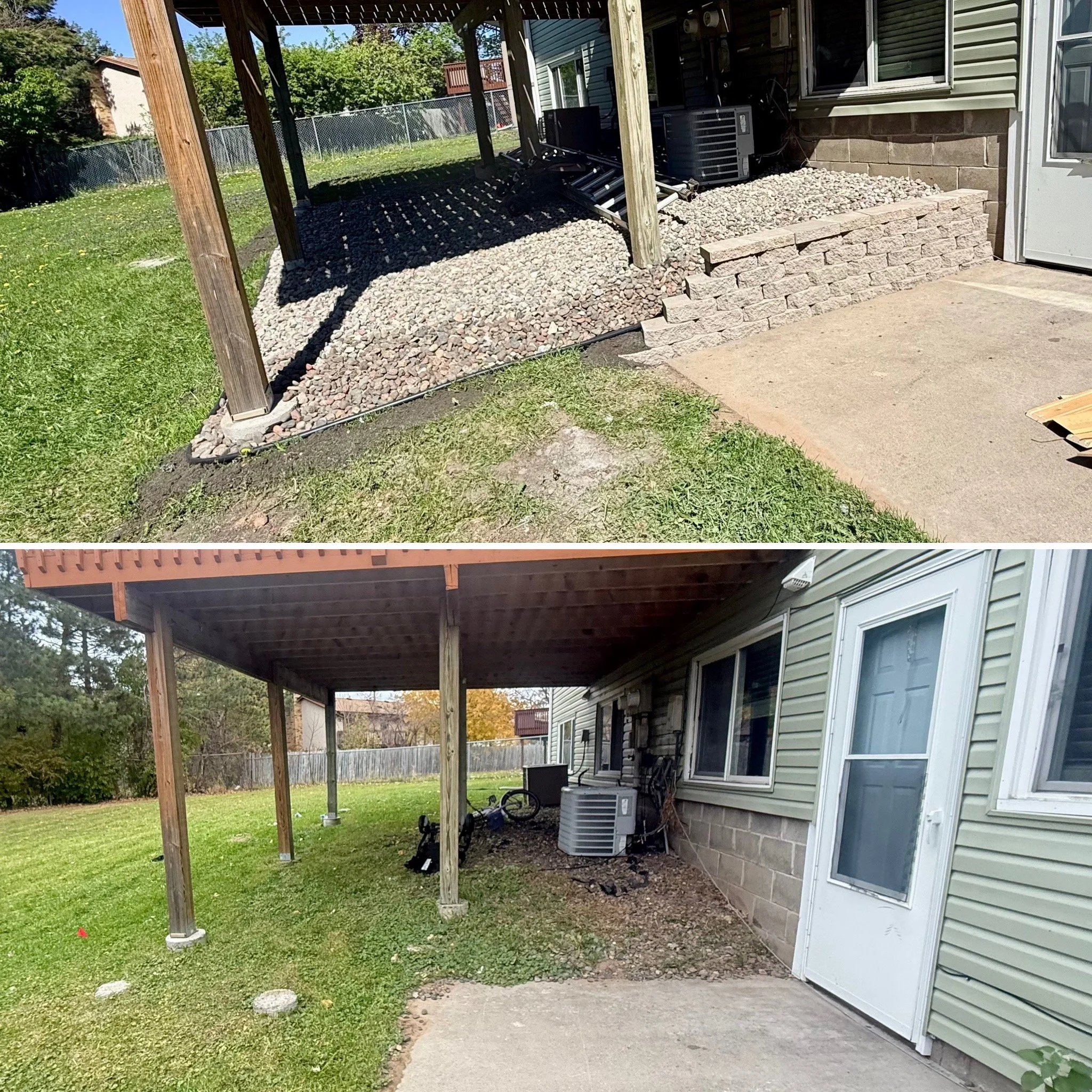 Under deck bed rock before and after with small retaining wall to give curb appeal. 