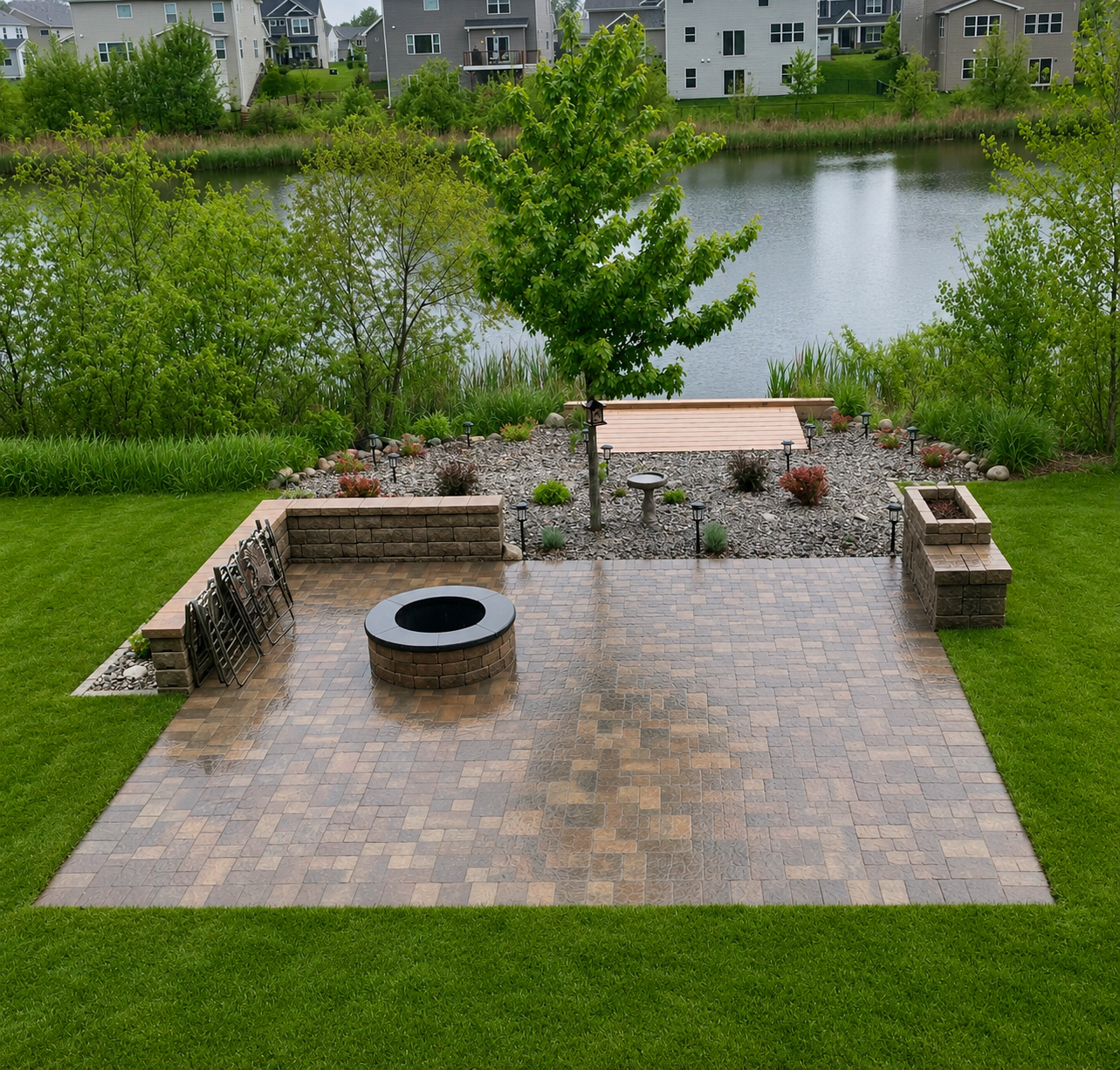 A backyard patio with a brick fire pit, surrounded by grass, trees, and a lake. The patio has a paved surface, and the area behind it features decorative stones, plants, and garden lights. Residential houses are visible across the lake.