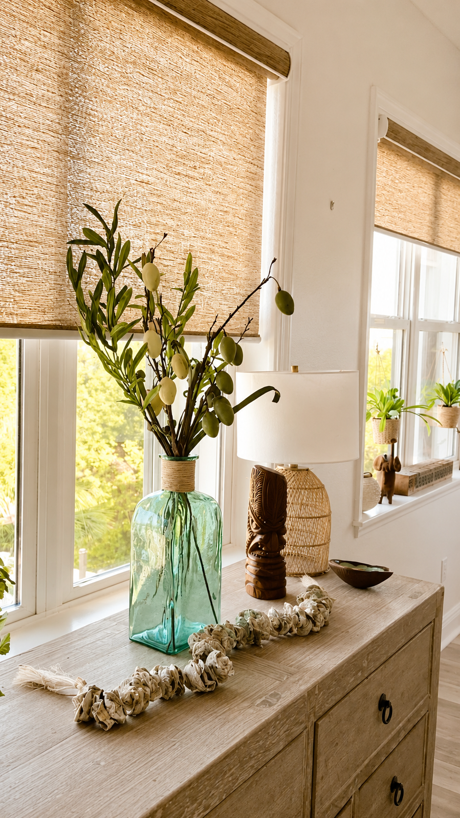 Window with woven roller shades.