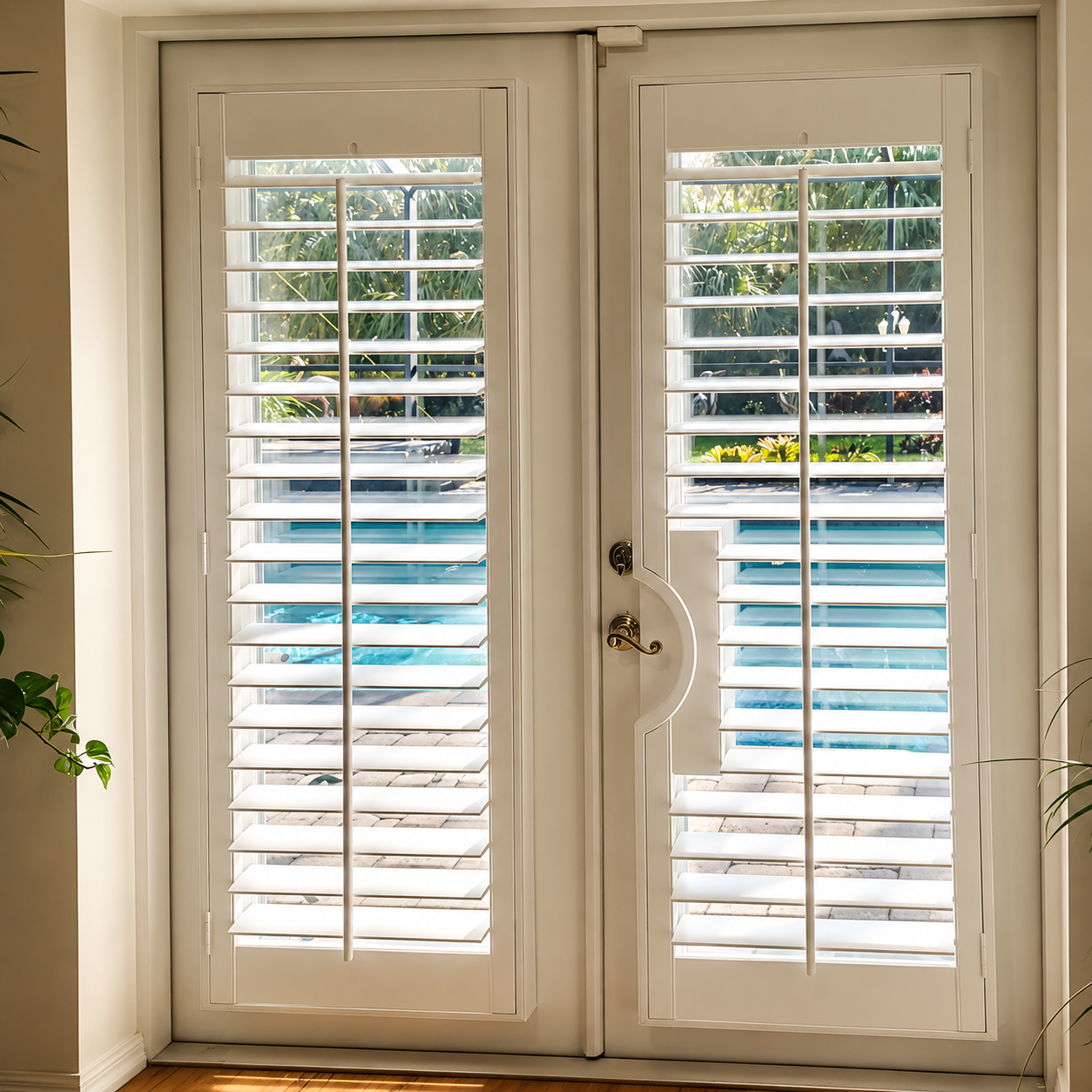 Double glass doors with white plantation shutters revealing an outdoor pool and lush greenery.