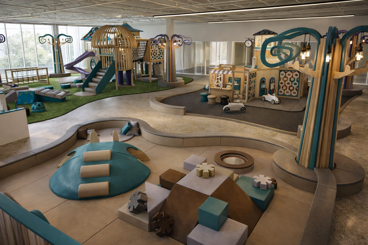 Indoor children's play area with slides, climbing structures, soft mats, and a pretend shop area.
