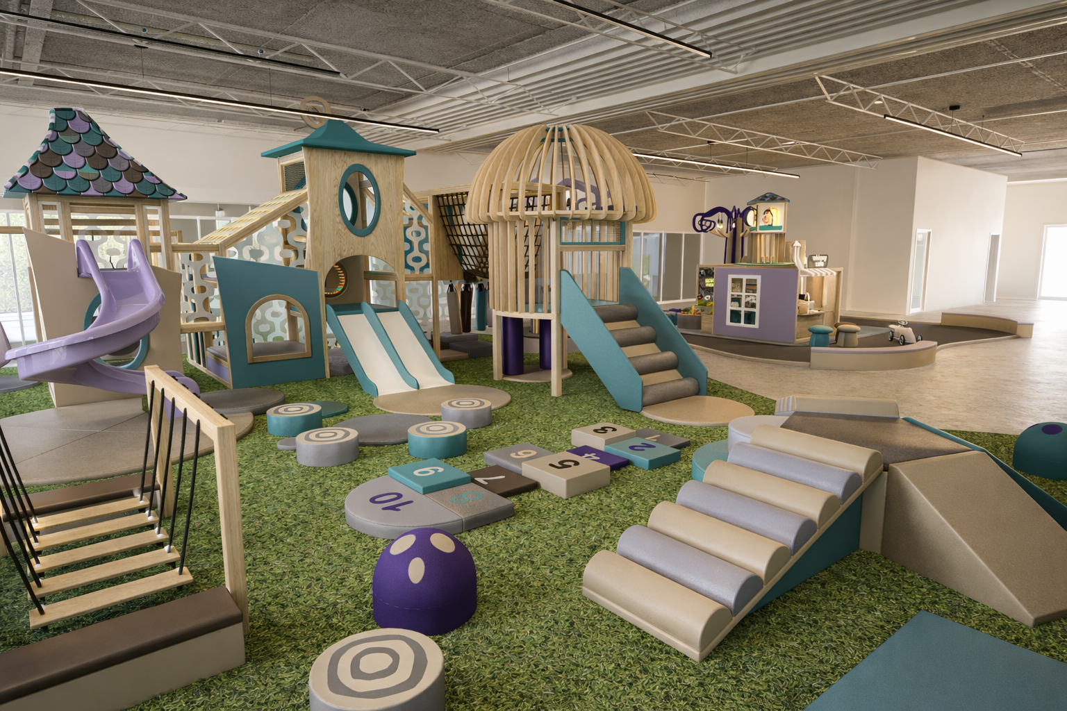 Interior view of a children's indoor playground with various colorful play structures, slides, stairs, and soft play toys on a green carpet.