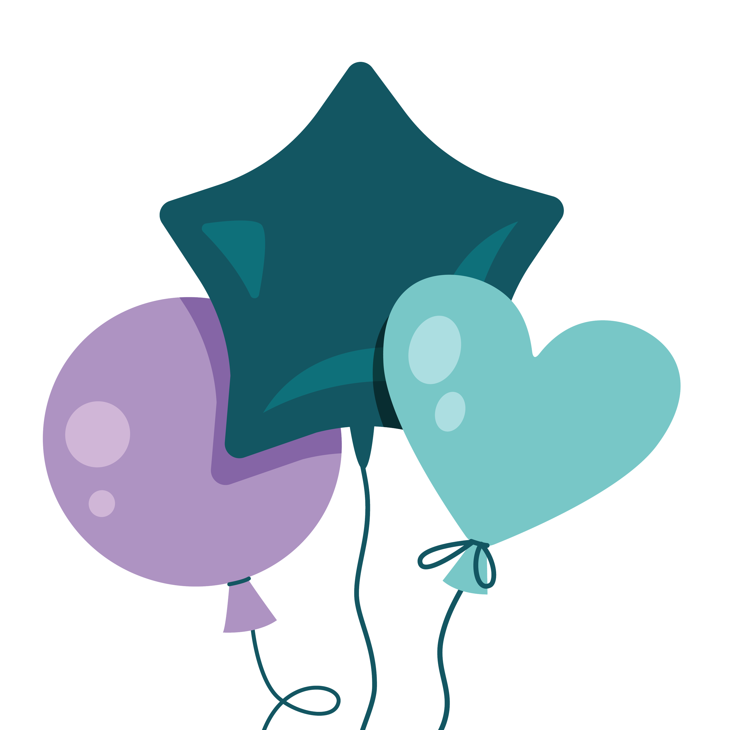 Illustration of three balloons in purple, turquoise, and light blue tied with strings, with a dark teal ribbon or bow.