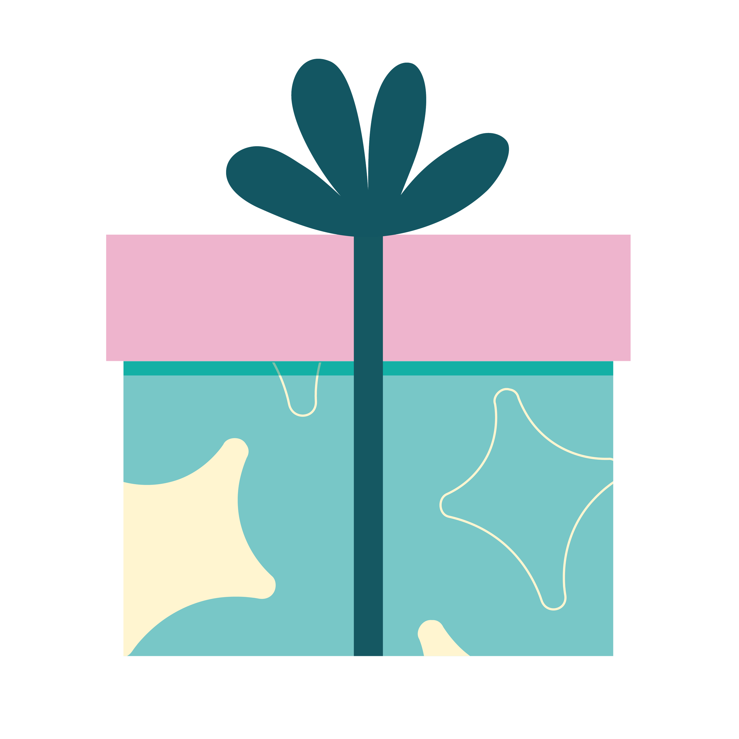 Illustration of a plant with dark teal leaves emerging from a pink rectangular planter, set against a black background.