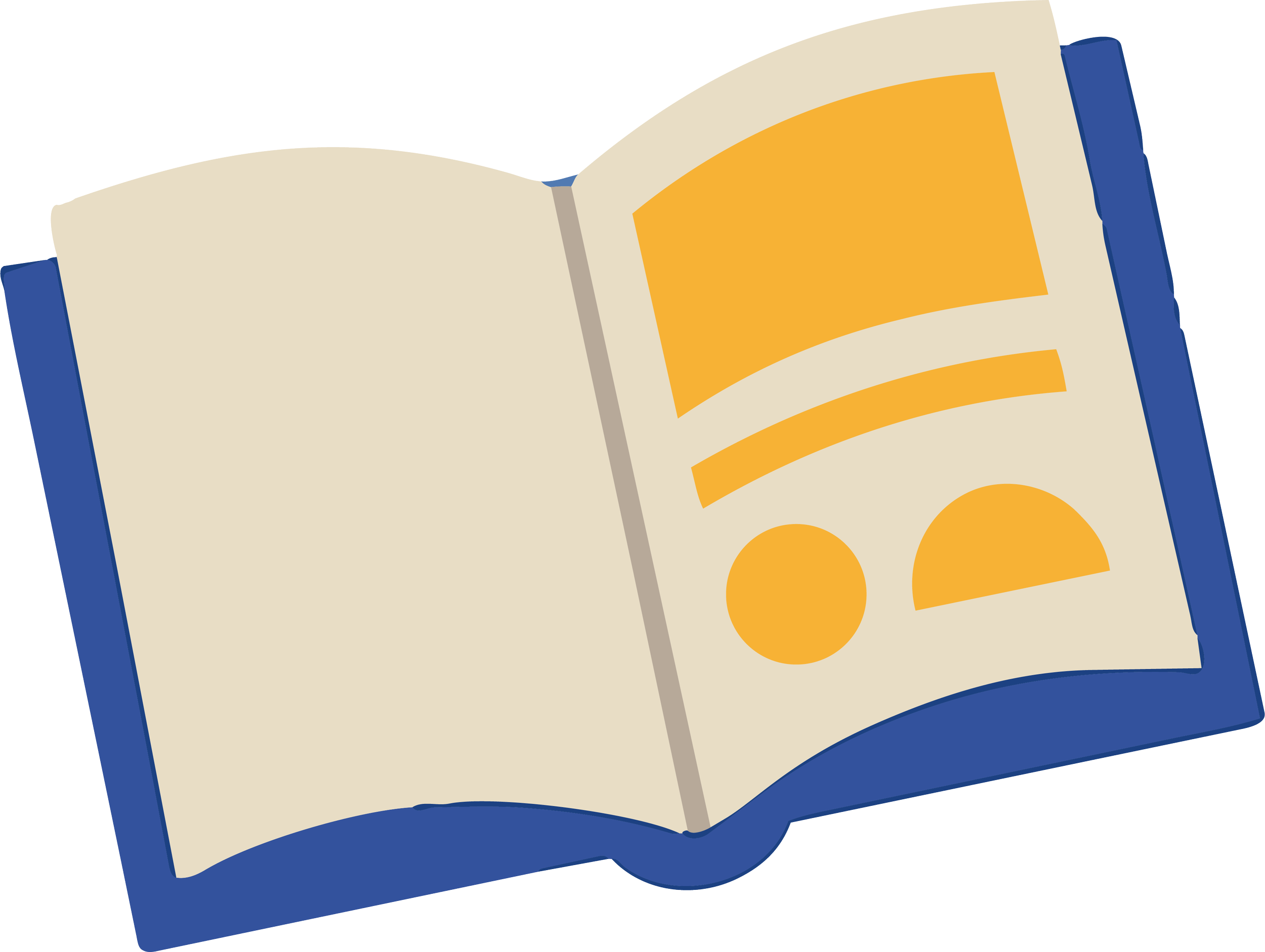 An open magazine or book with pages, featuring a layout with orange rectangular and circular shapes, on a white background.