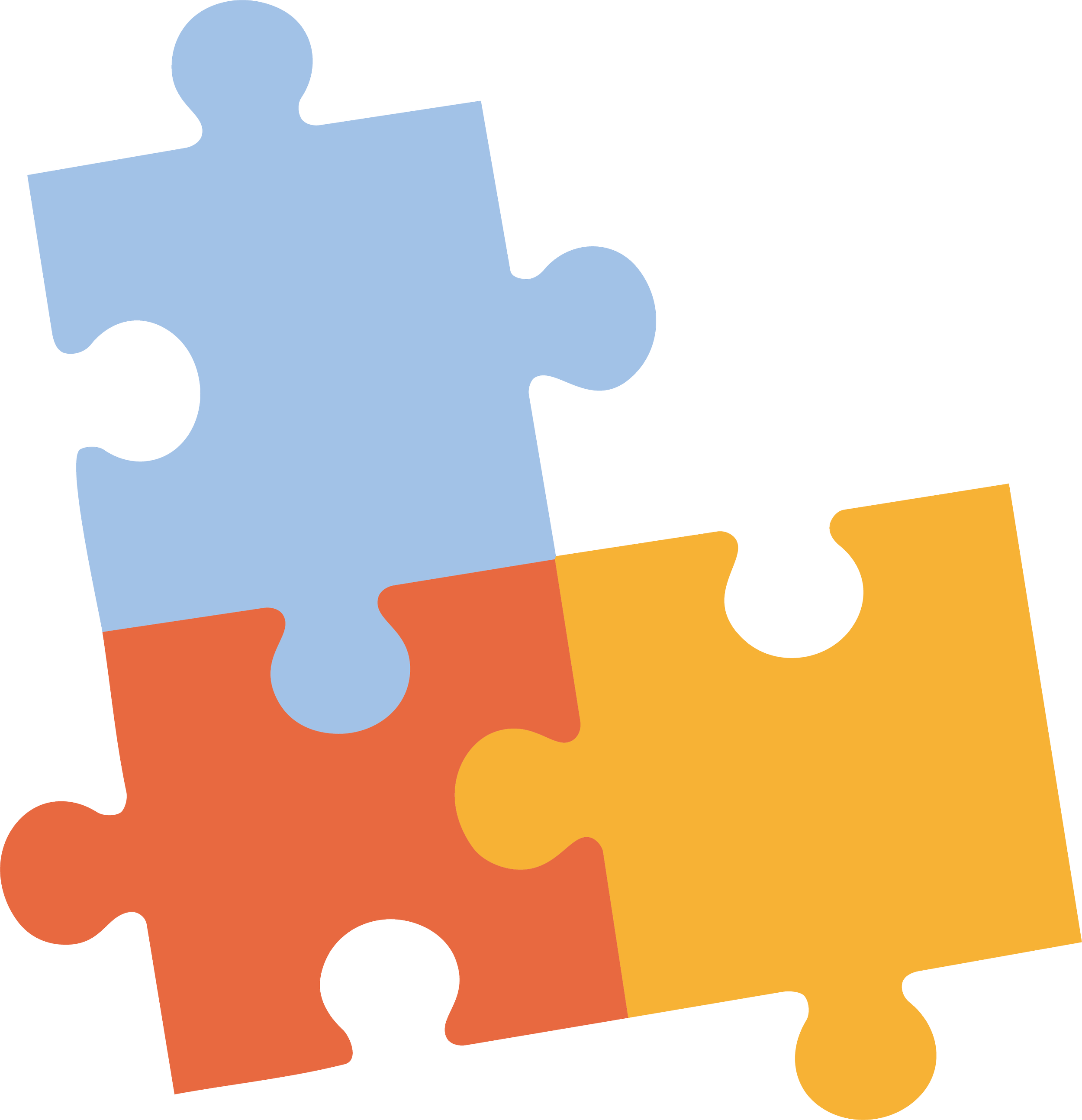 A partially assembled jigsaw puzzle with pieces in colors including blue, red, orange, and white.