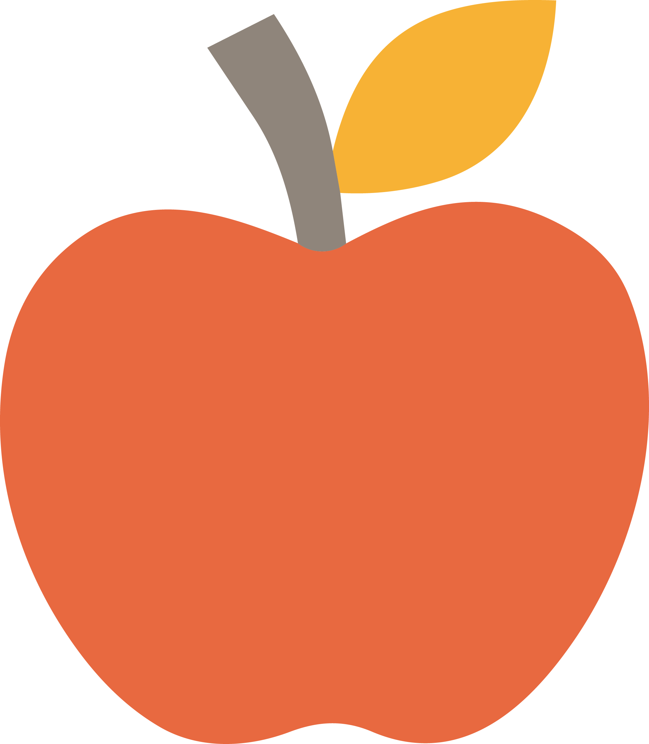 A simplified illustration of a peach with green leaves and a brown stem.