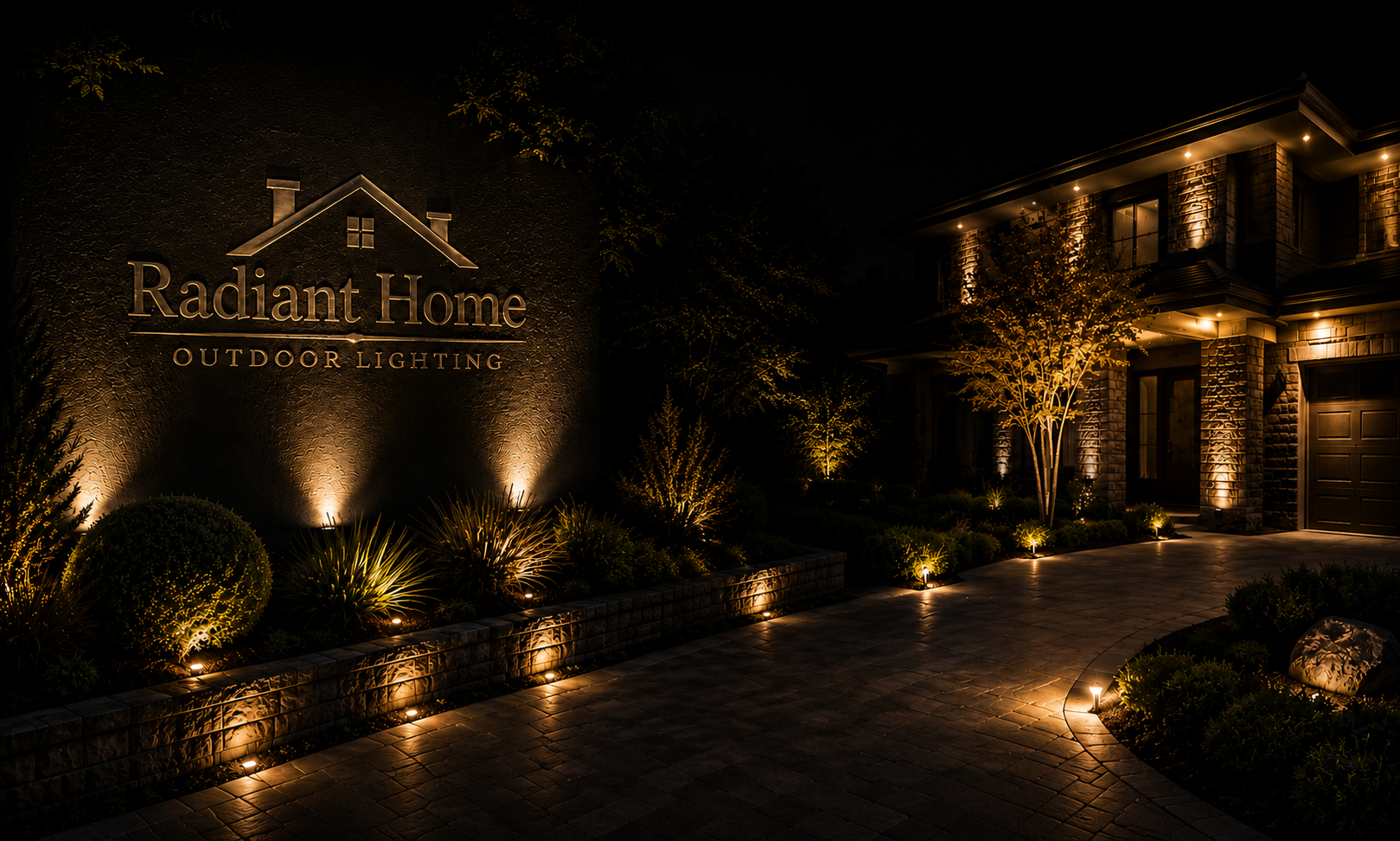 Night view of a house exterior illuminated with warm outdoor lighting, with a sign reading 'Radiant Home Outdoor Lighting' on a textured wall, landscaping with bushes and trees.