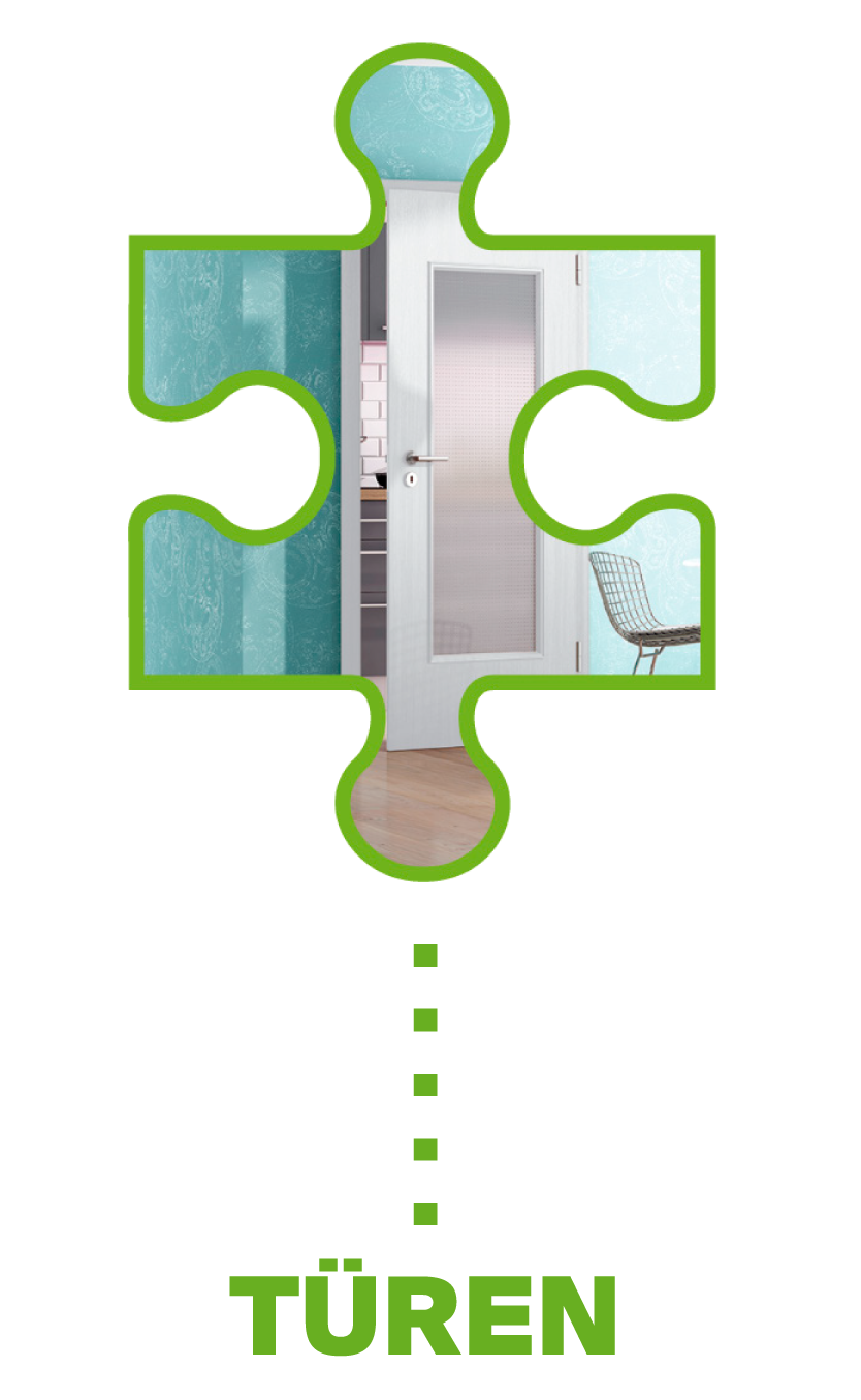 Ein Puzzlespiel mit einem Raum, der eine weiße Tür mit Glasausschnitt, eine bläuliche Wand, einen Stuhl und eine Treppe im Hintergrund zeigt.