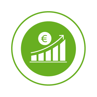 Grünes Symbol mit einem steigenden Balkendiagramm, einem Eurozeichen und einer Pfeil nach oben, zeigt Wachstum oder finanziellen Erfolg.