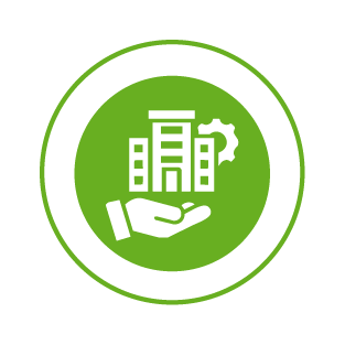Ein grünes Symbol mit einer Hand, die Bauwerke und ein Zahnrad hält, symbolisiert Bau- und Ingenieurdienstleistungen.
