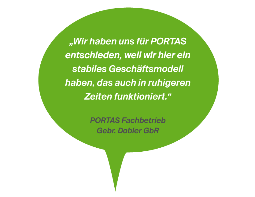 Ein grüner Sprechblasentext mit einem Zitat: "Wir haben uns für PORTAS entschieden, weil wir hier ein stabiles Geschäftsmodell haben, das auch in ruhigeren Zeiten funktioniert." Darunter steht "PORTAS Fachbetrieb Gebr. Dobler GbR".