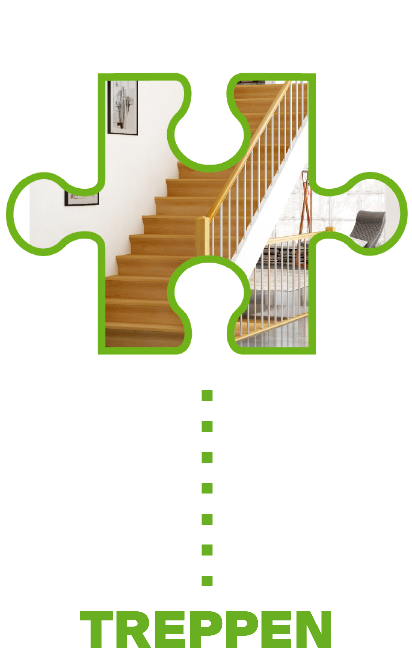 Innenaufnahme einer Holztreppe mit Geländer in einem modernen Wohnraum, teilweise durch Puzzlestücke verdeckt.