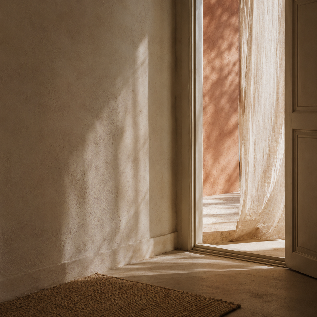 Une pièce lumineuse aux murs terracotta et beige, un rideau en lin et une ouverture vers l'extérieur, évoquant un espace thérapeutique de sécurité — Kasia Sakowicz, Paris.