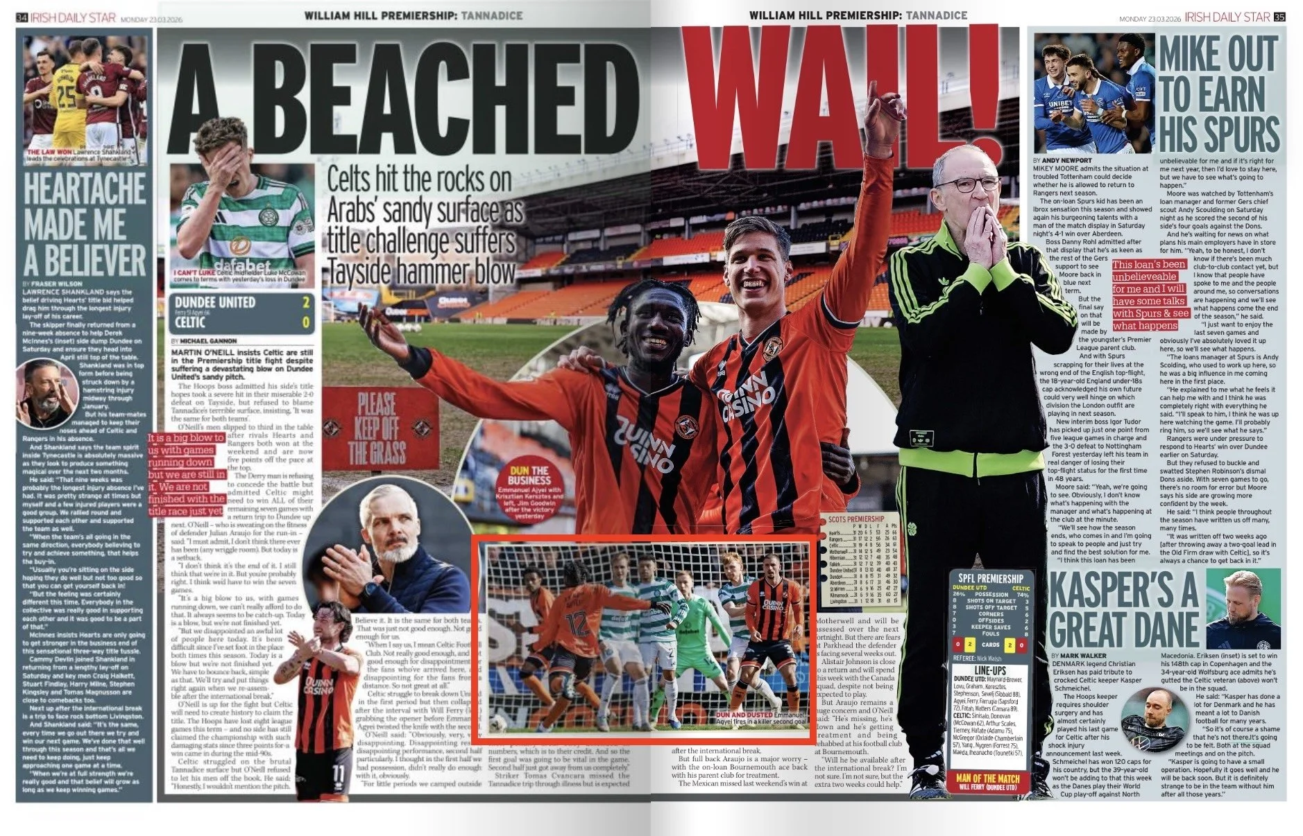 A newspaper spread covering a football match at William Hill Premiership Tannadice, with photographs of celebrating players, managers, and post-match scenes, headlines about Celtic's victory, and articles on players and team performance.