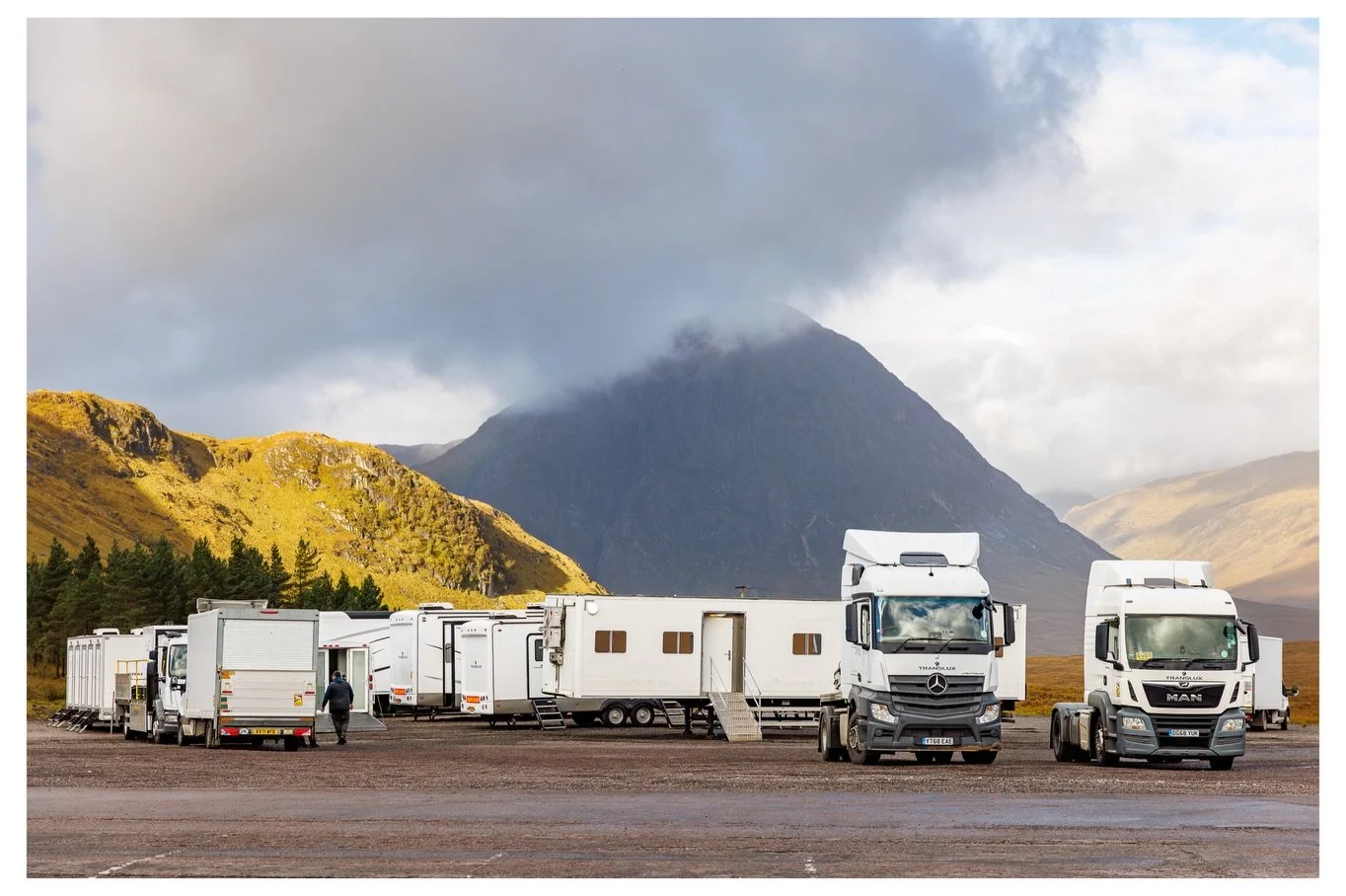 Glencoe Mountain Resort, Glencoe, Scotland, UK. 3rd Oct 2026. Production vehicles and trailers are seen at Glencoe Mountain Resort ahead of filming activitiy. Credit: Liam Chester / Alamy Live News

#glencoemountainresort #glencoe #glencoeskicentre #