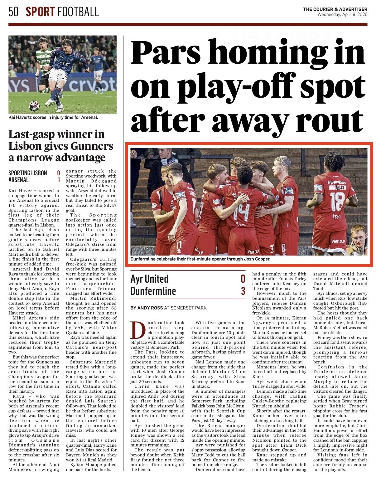 A newspaper article showing a group of soccer players in red jerseys celebrating on the field after a game. One player is on the ground, and others are hugging and congratulating each other.