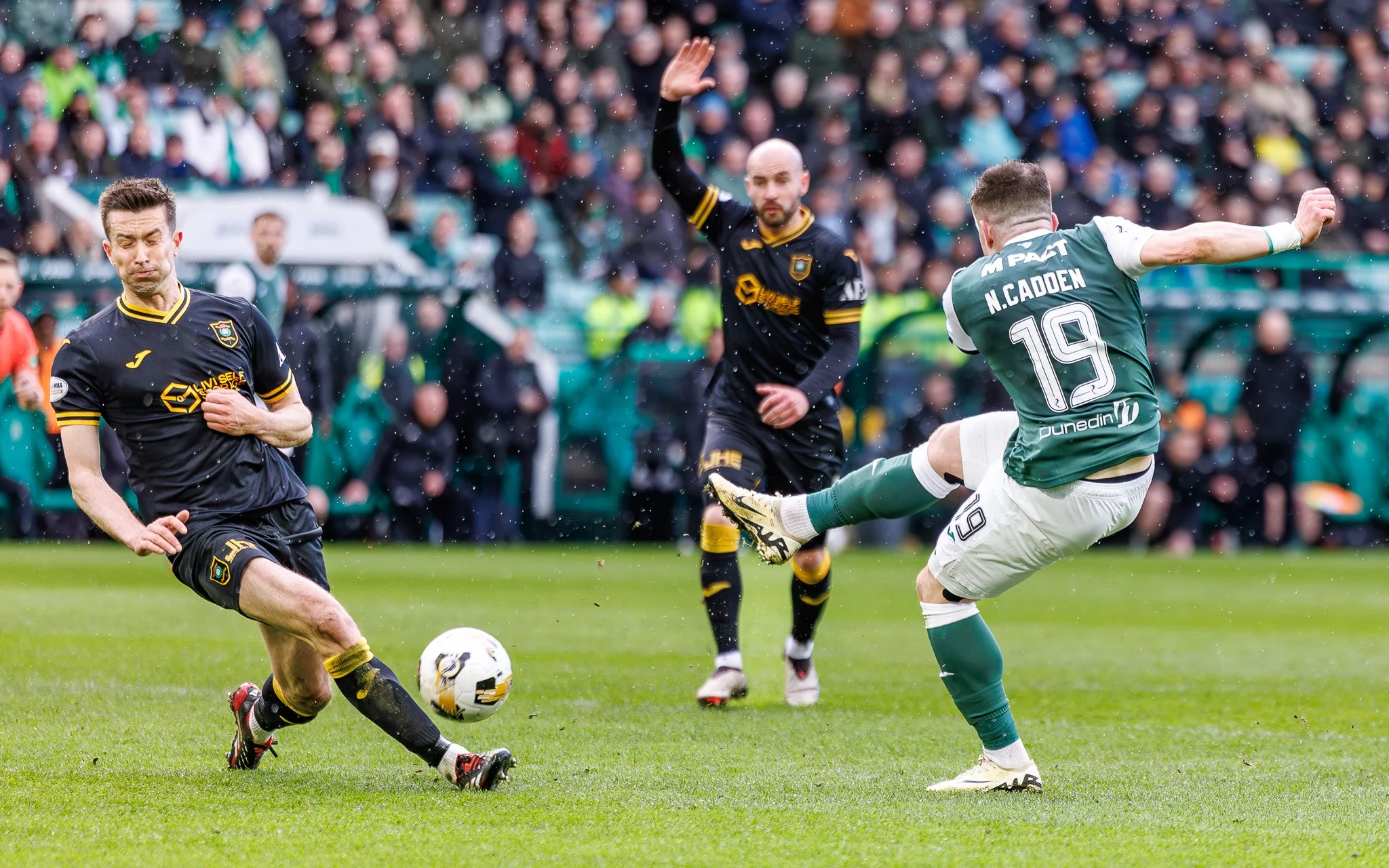 Two soccer players in black and green jerseys competing for the ball during a match, with a crowd watching in the background.