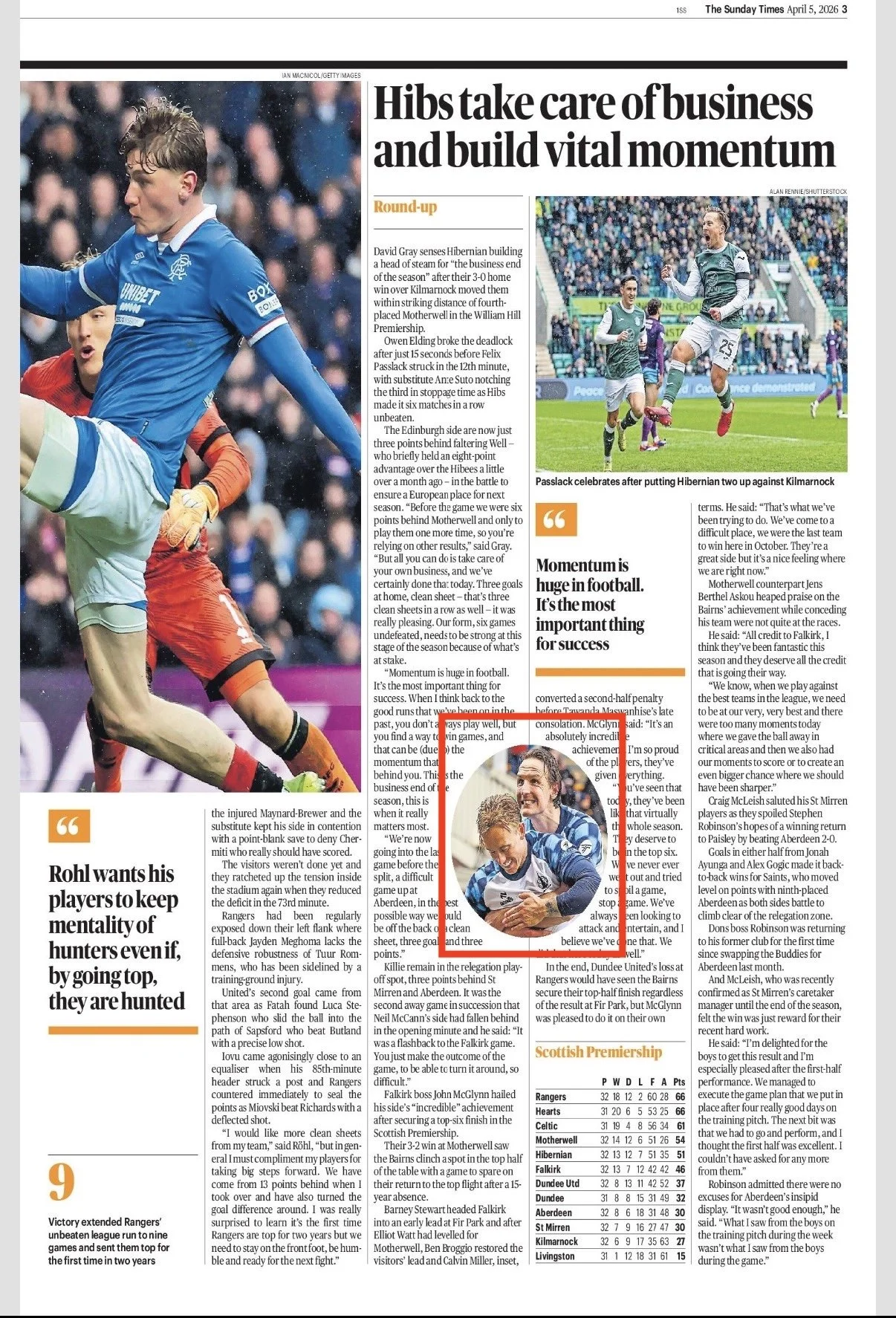 A newspaper page featuring a photo of a soccer match where a player celebrates after scoring a goal against Kilmarnock, with other players on the field and a crowd in the background.