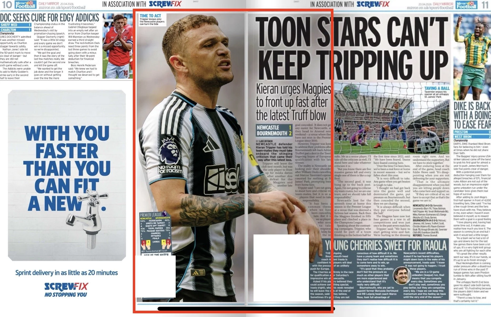A newspaper spread featuring two main articles. The left side has a soccer player in a black and white striped jersey, with text beneath about Premier League team Newcastle United and Bournemouth. The right side has a large headline saying, "TOON STA