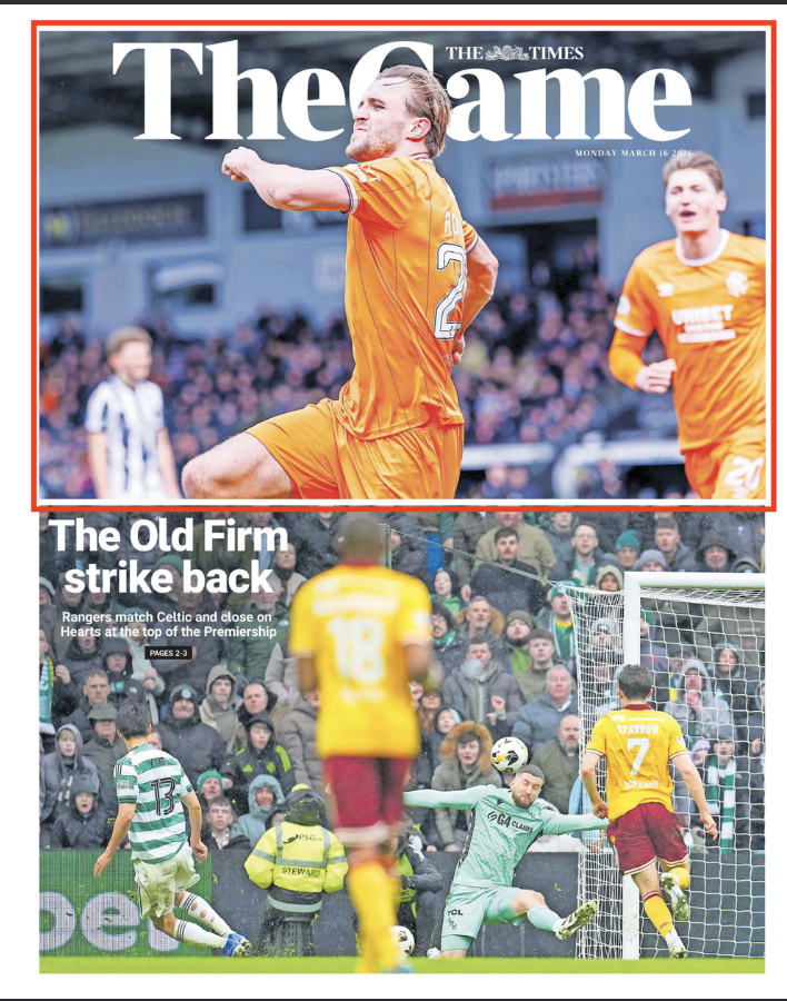 Front page of The Times featuring a soccer player in an orange jersey celebrating a goal, with another player in orange and a crowd watching a match in the background, and a photo of a soccer game with players and a goalkeeper in action, surrounded b