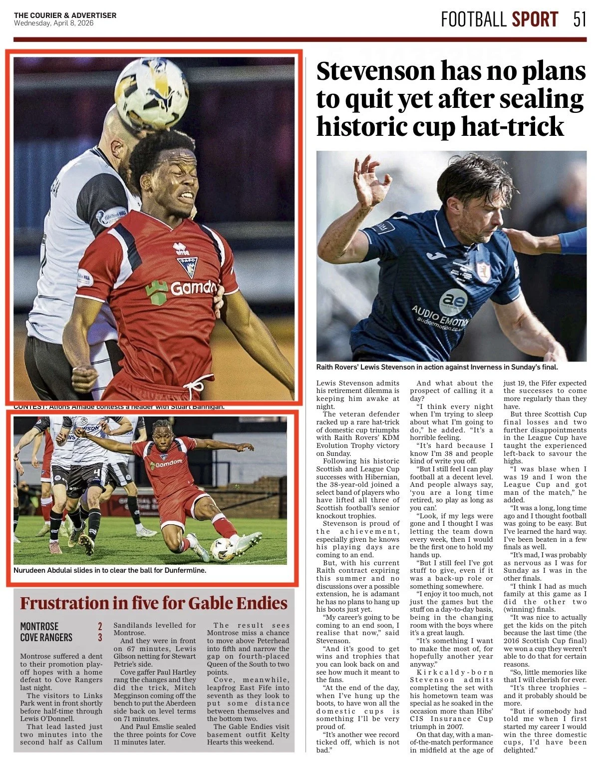 Photographs of Lewis Stevenson in action during a football match, including a close-up of him heading the ball and a slide tackle scene.