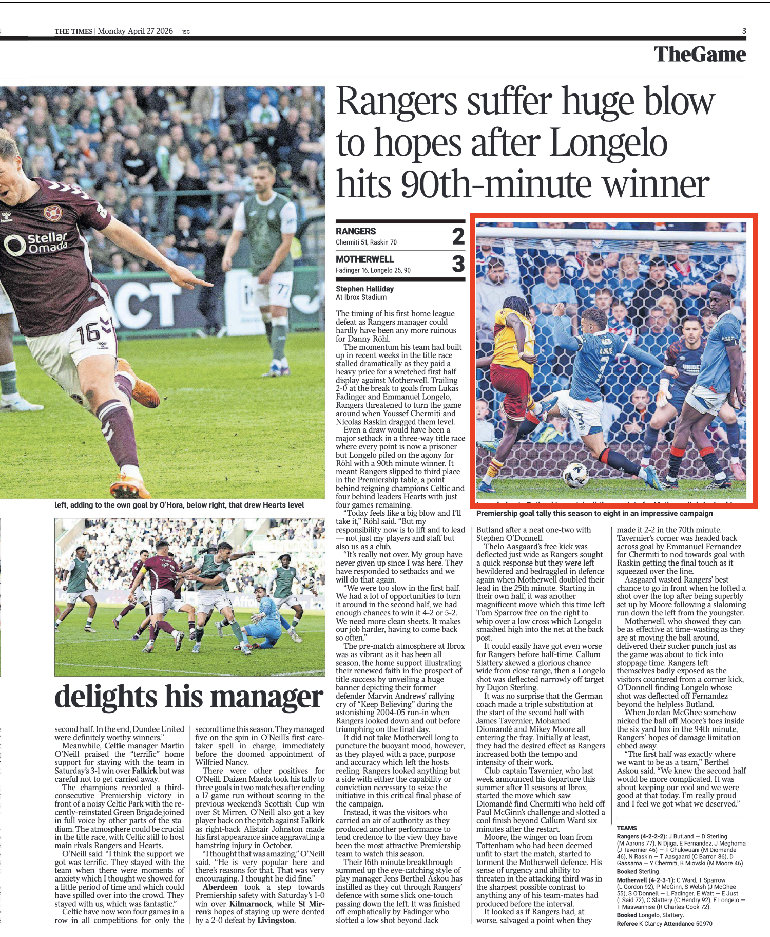 Photograph of a soccer player in a maroon uniform celebrating a goal on the field. The background shows fans in the stadium, some standing and watching. An excerpt from a newspaper article about a soccer match is also visible.
