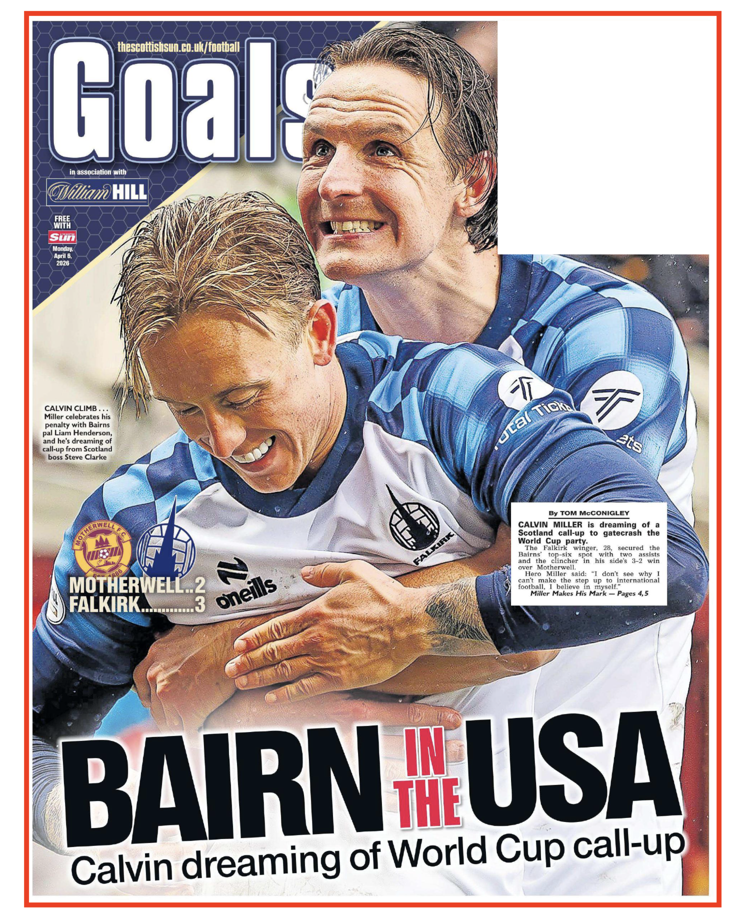A cover of a sports newspaper showing two soccer players celebrating, with a headline about Calvin Miller's dream of playing in the World Cup in the USA. The background shows team logos and match scores.
