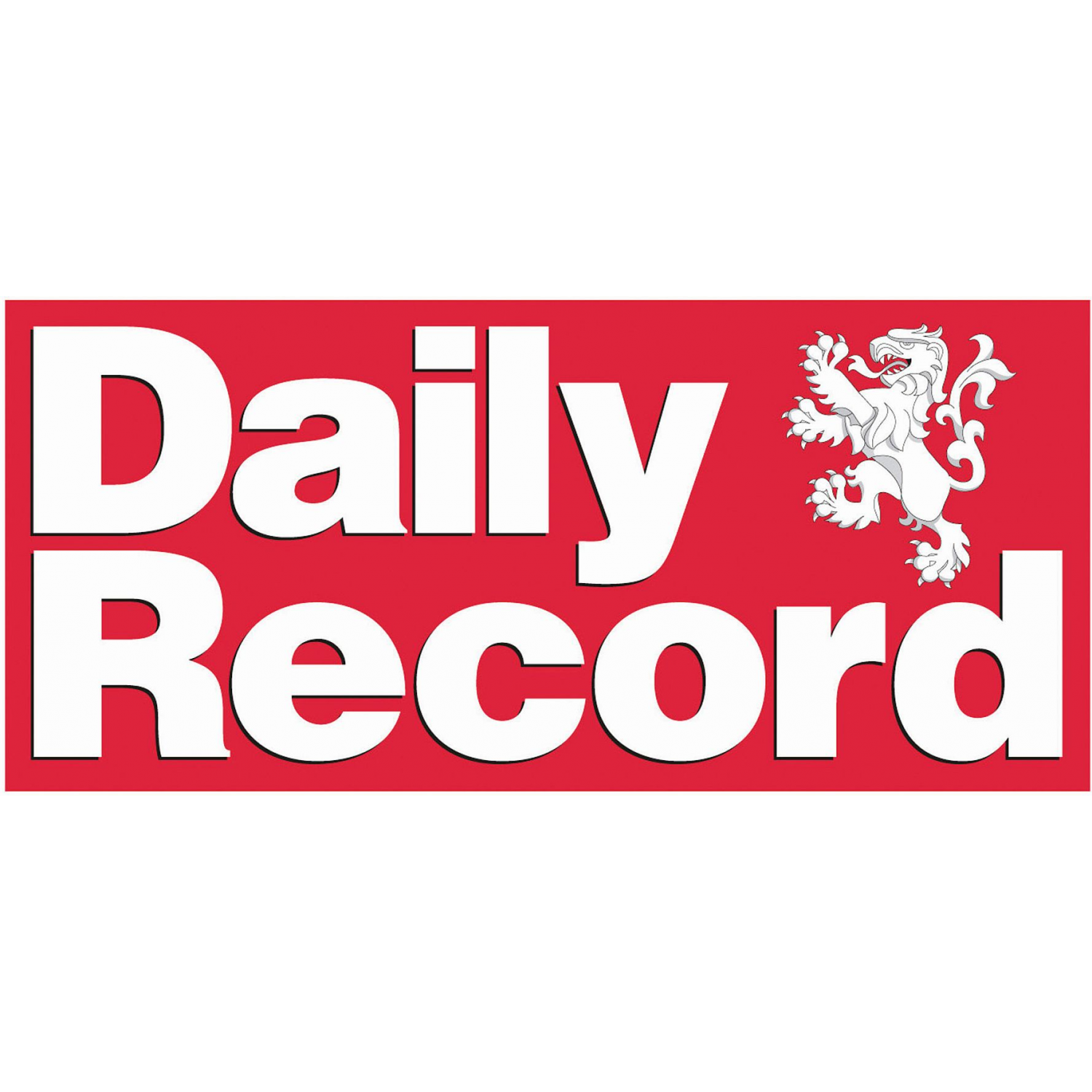 Red sign with bold white text that reads 'Daily Record' and features a white lion heraldic emblem.