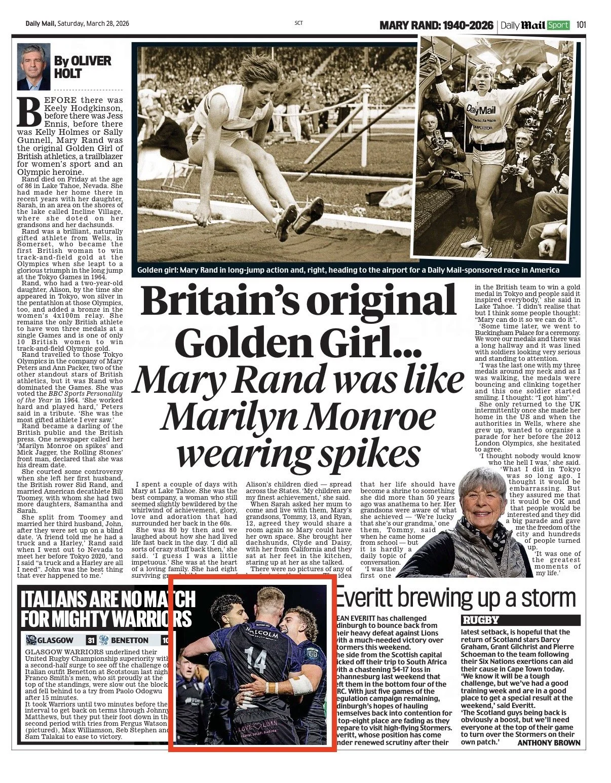 A newspaper page featuring a black-and-white photo of Mary Rand in long-jump action and a color photo of her heading to an airport, with text about her achievements and background.