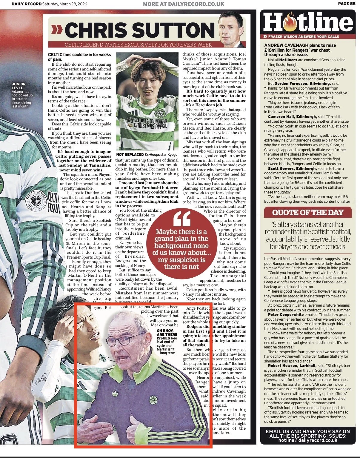 Newspaper page featuring an article about Celtic FC with a photo of a Celtic player celebrating, a quote about suspicion in the background, and a photo of an older man and a woman talking, with the headline referencing Chris Sutton and Celtic legends