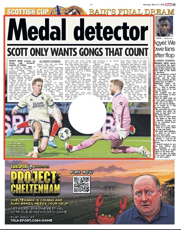 Sports newspaper front page featuring a match scene with a goalkeeper in pink gear making a save in a soccer game. Headlines mention the Scottish Cup, a scoreboard, and commentary on the match.