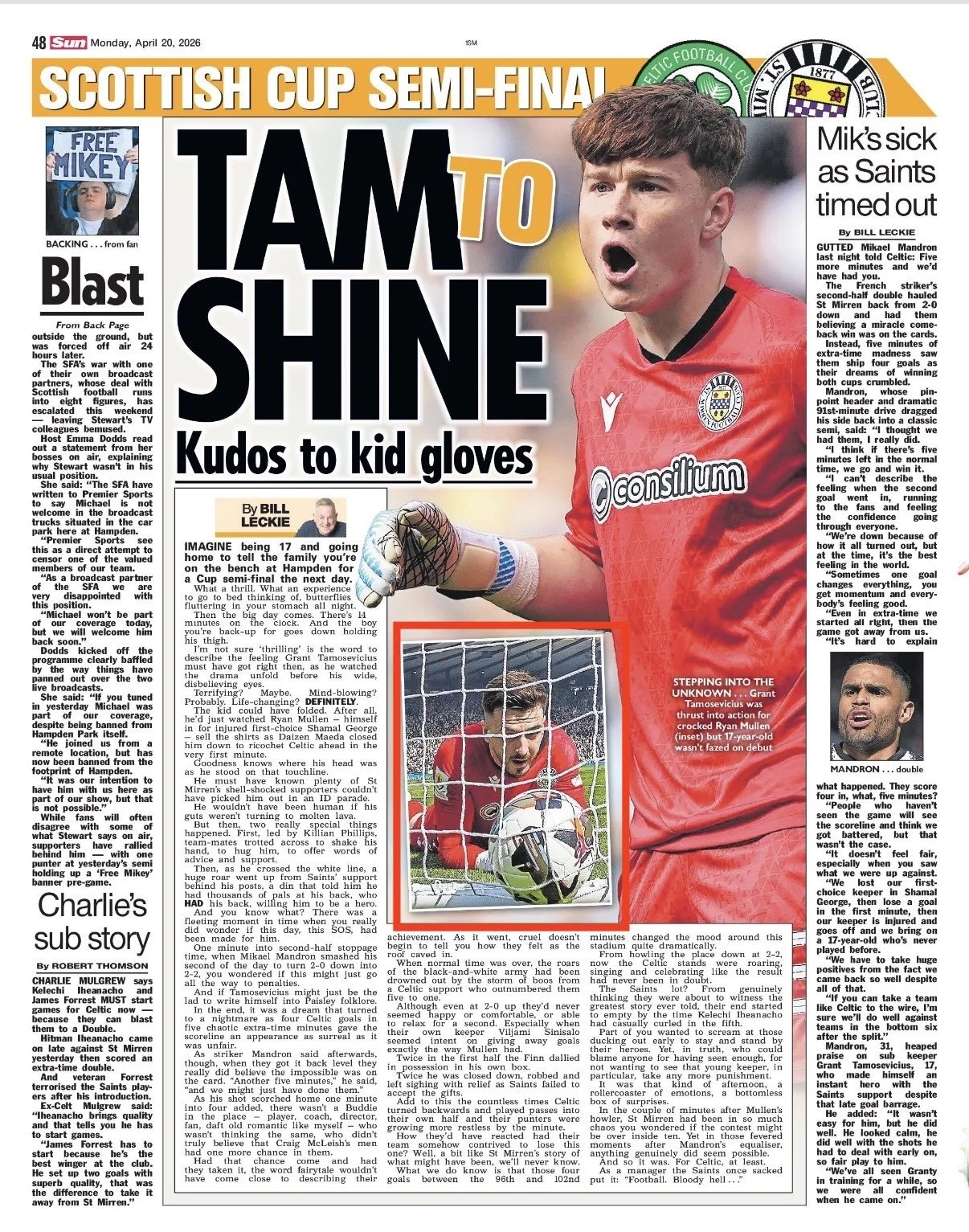 A young male football player in a red jersey with a Celtic FC logo, wearing goalkeeper gloves, appears to be shouting or celebrating, with his face showing excitement or determination. There is a smaller inset image of a different male goalkeeper wit