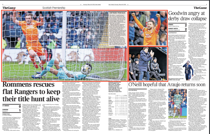 Newspaper sports page featuring a soccer match, with a large photo of a goalkeeper in orange uniform making a save, and smaller images of a coach and a player celebrating. Headlines mention a rescue by Rommens to keep Rangers' title hopes alive and d