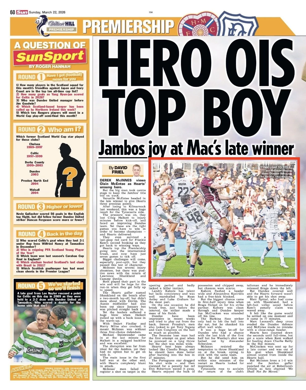 Sports newspaper page covering a soccer match, featuring a large headline "HERO OIS TOP BOY" and a photo of soccer players in action during a game, with supporters in the background.
